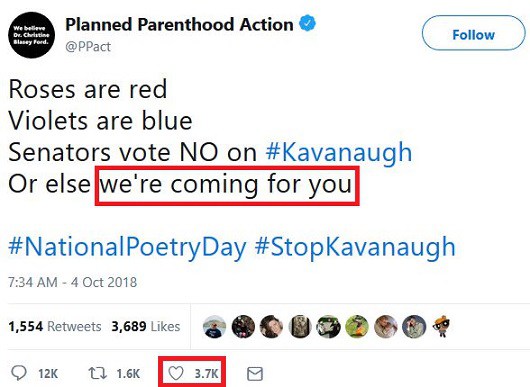 “We’re coming for you” — Planned Parenthood threatens senators if they vote to confirm Judge Kavanaugh
