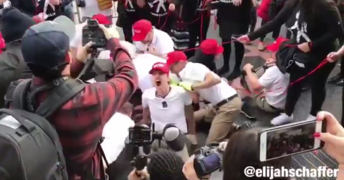 WATCH: Deranged leftists on leashes crawl, bark like dogs on Trump’s Hollywood star while wearing MAGA hats