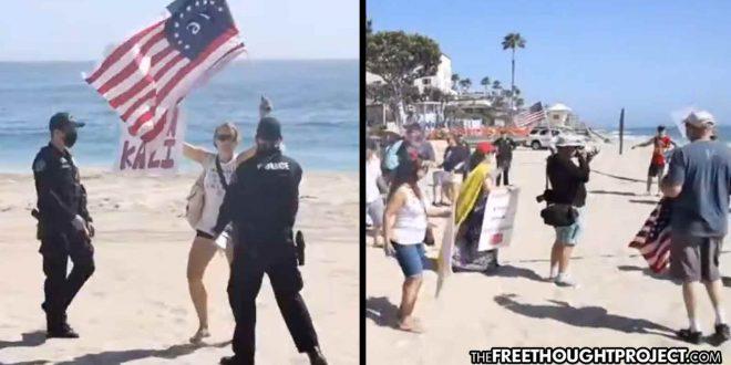 California: Citizens Swarm Cops Arresting Woman For Being On Beach – Force Them To Stand Down (Video)