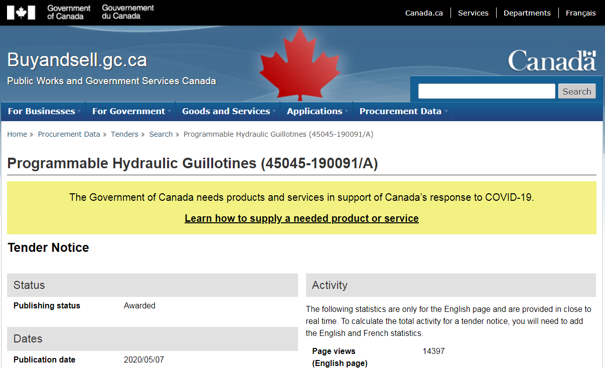 Canadian government publishes bid request for “Programmable Hydraulic Guillotines” needed “in support of Canada’s response to COVID-19”