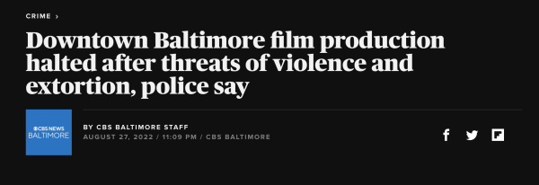 In 65% Black Baltimore, TV Production of “Lady in the Lake” Halted Because Black Drug Dealers Threaten to Shoot Crew if They Don’t Pay Up $50,000…